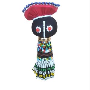South African Beaded Ndebele Doll, with Big Red Beaded hat, Ndebele Blac…